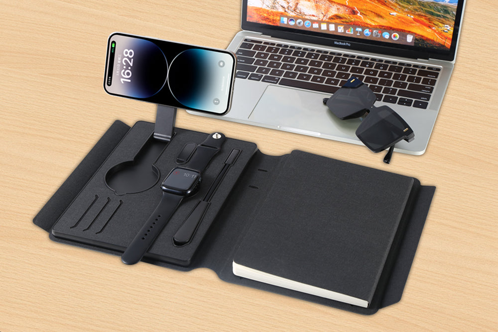 Charging Notebook Desk Organizer with LED, Charger, USB Storage