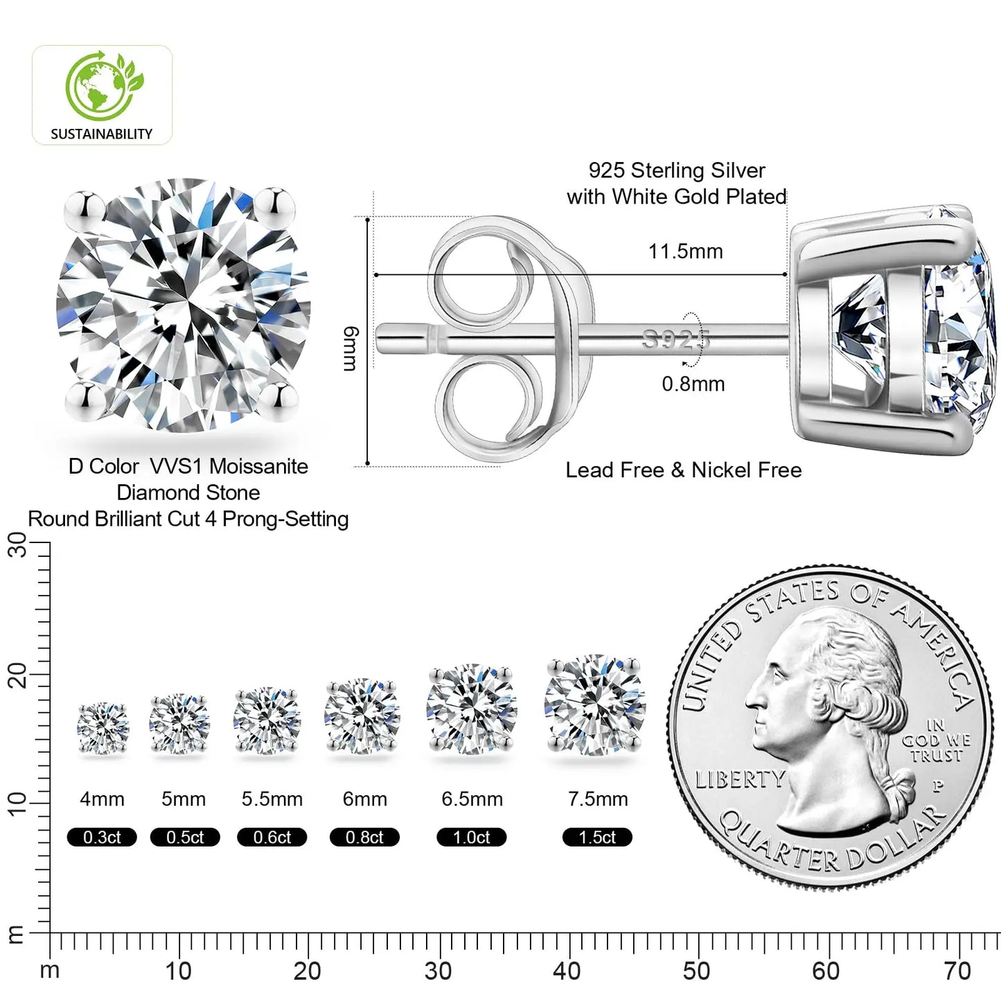 Unisex VVS Moissanite Stud GRA Certified 925 Sterling Silver Earrings