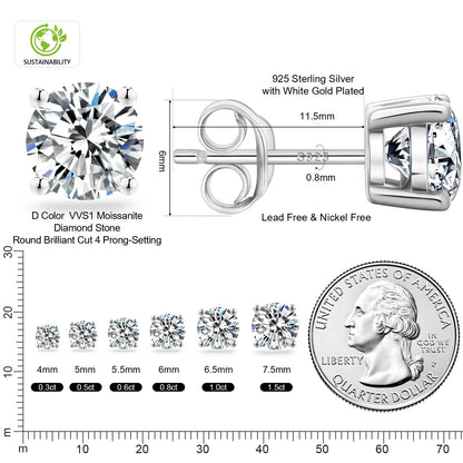 Unisex VVS Moissanite Stud GRA Certified 925 Sterling Silver Earrings