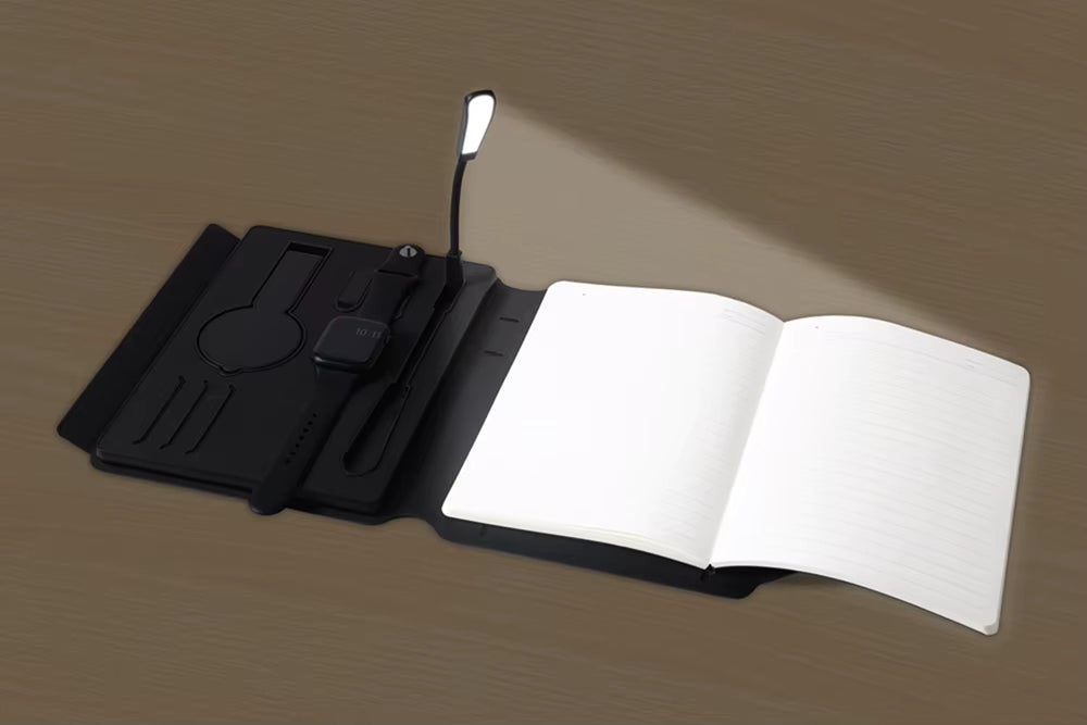 Charging Notebook Desk Organizer with LED, Charger, USB Storage